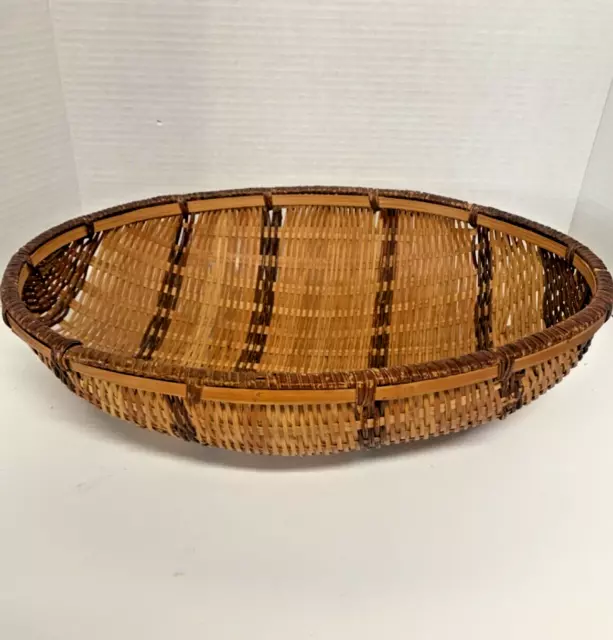 Vintage Asian Woven Split Bamboo Basket Tray Varigated Colors 16" x 12" x 4"