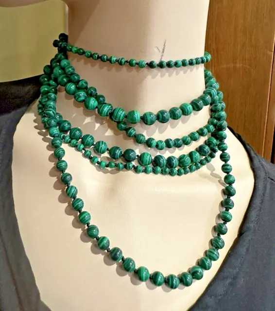 Vintage Carved Green Malachite Bead Multi Strand Knotted Choker Necklace Cd 40.3