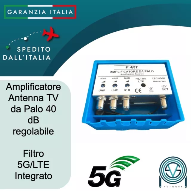 Amplificatore antenna TV da palo con filtro LTE/5G 40 dB 2 ingressi UHF+1 VHF