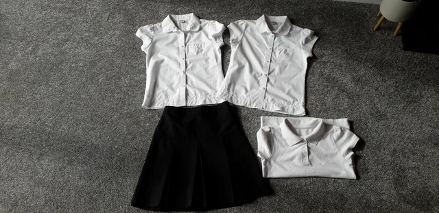 Girls school uniform bundle 2x white embroidered shirt 1x black skirt 1x polo 11