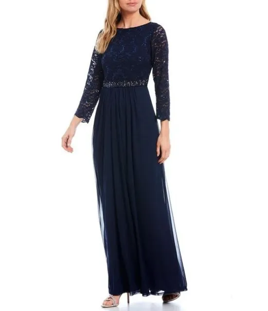 Marina Navy Blue Sequin Lace 3/4 Sleeve Beaded Waist Chiffon Gown  Size 10 $159