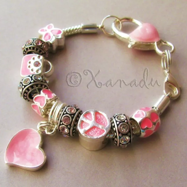 Pretty In Pink European Charm Bracelet With Pink Rhinestone And Heart Beads