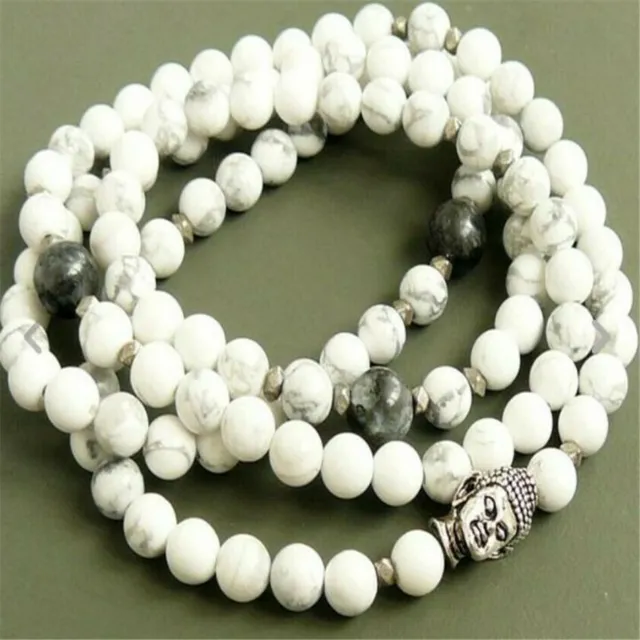 6MM Howlite Bracelet 108 Beads Buddha Head Bless Reiki Buddhism Mala Handmade