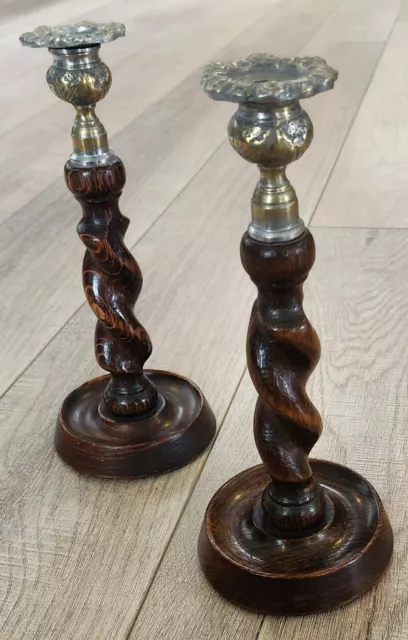 Pair of Antique English Oak Barley Twist Wood Candlesticks Brass Thistle Tops