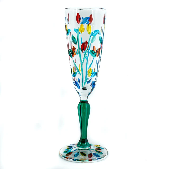 Murano Verre Champagne Multi Vin Vert Tige Main Peint Fleur Venise