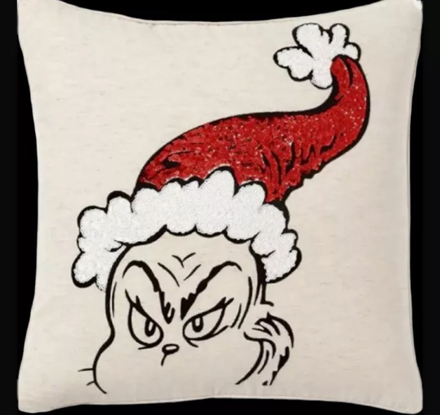 POTTERY BARN Teen Pillow Cover Dr. Seuss The GRINCH 18” x 18” RED Sequins NEW