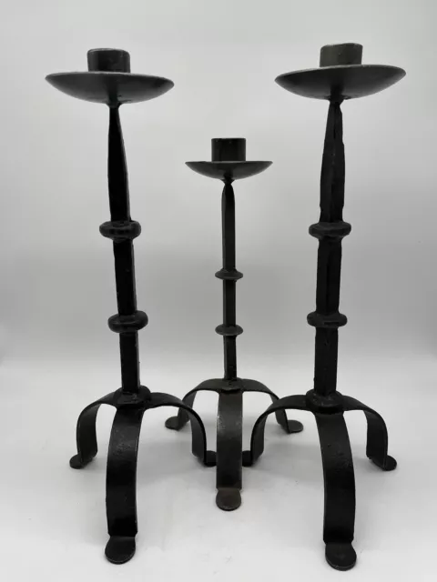 Hand Forged Tall Rustic Iron Taper Candlestick Holders Set of 3 Gothic Primitive