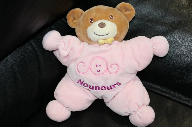 Doudou peluche semi plat coussin ours marron et rose brodé NOUNOURS violet fille