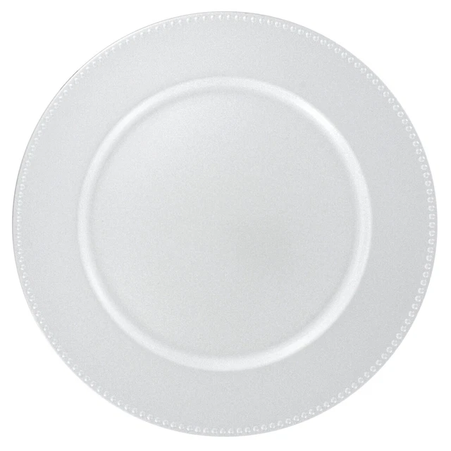 Silver Plastic Charger Plates with Beaded Rims, 13 in. (Pack of 12)
