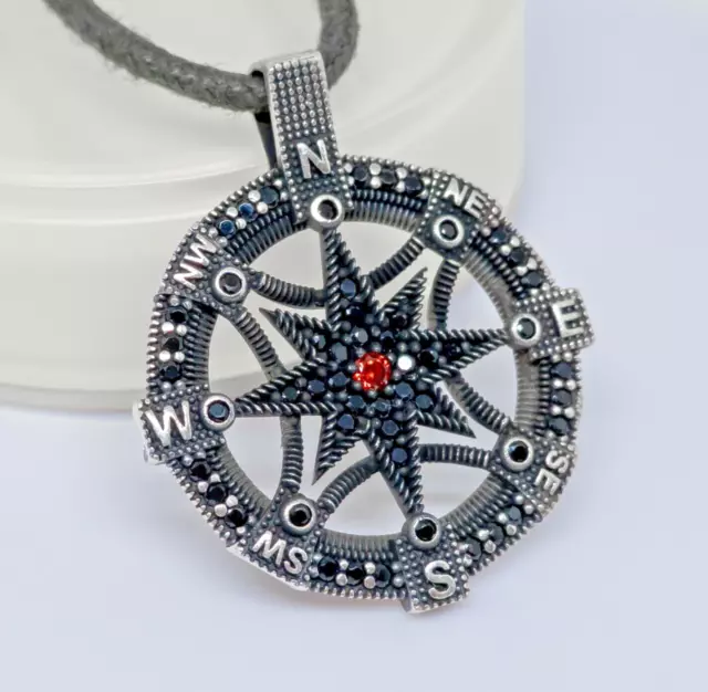 Compass Pendant Necklace Sterling Silver Black CZ Travel Amulet Graduation Gift