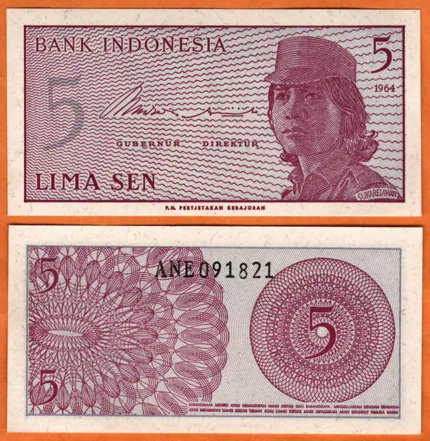 INDONESIA 1964 UNC 5 Sen Banknote Paper Money Bill P- 91 Female volunteer