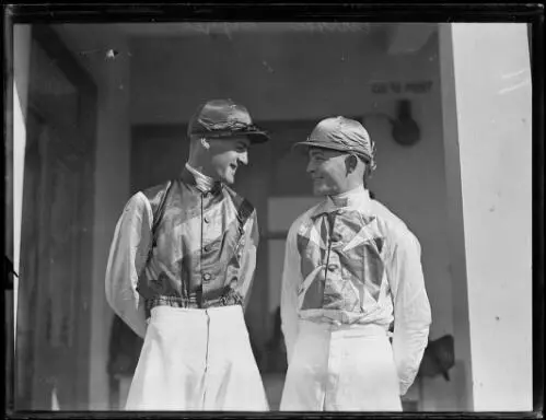 G Carter and Patrick Hynes wearing racing silks, NSW, ca 1930 Old Photo