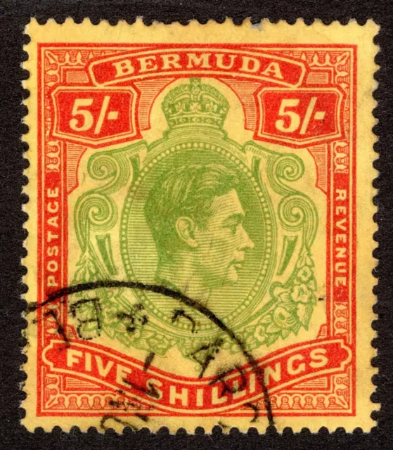 BERMUDA KGVI 1938 5/- Pale Green & Red / Yellow SG 118a VFU CV £75
