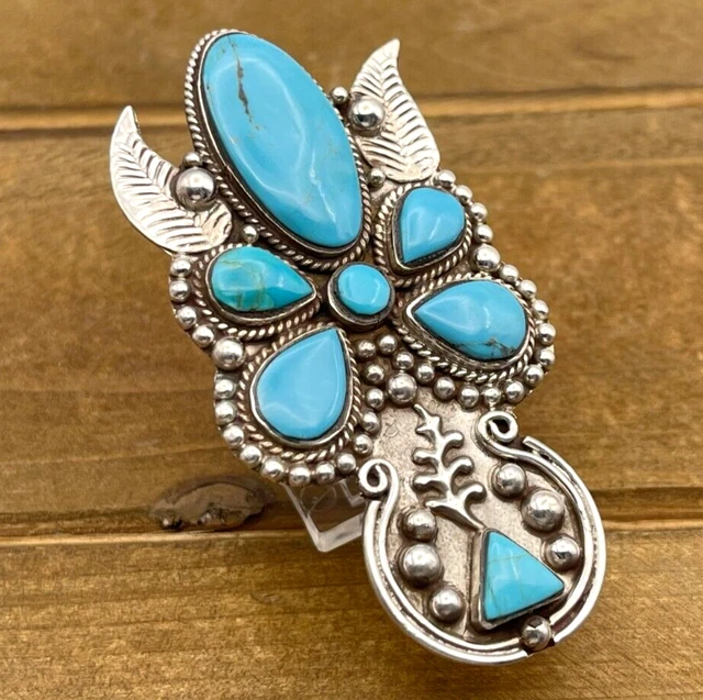 Huge Turquoise Gems Natural Sterling Silver 925 Ring 21g Sz. 9.5 adj BBM856f