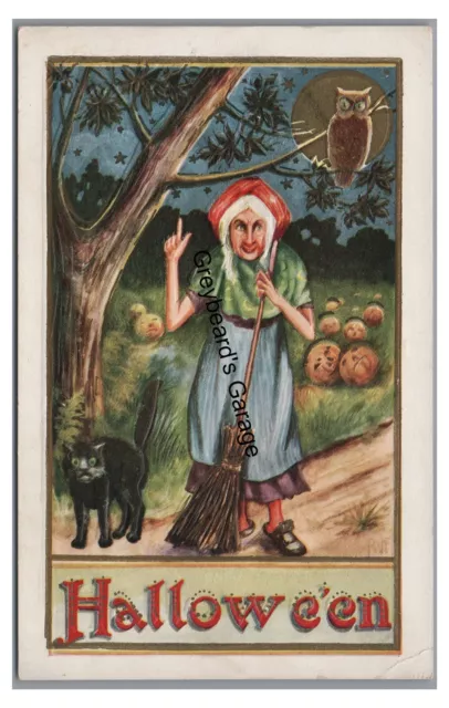 HALLOWEEN Witch Black Cat Owl Pumpkin Patch Vintage Postcard