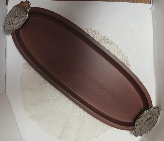 Oblong Cherry Wood Serving Tray /Dish.Chrome Handles " Come Gather At Our Table"