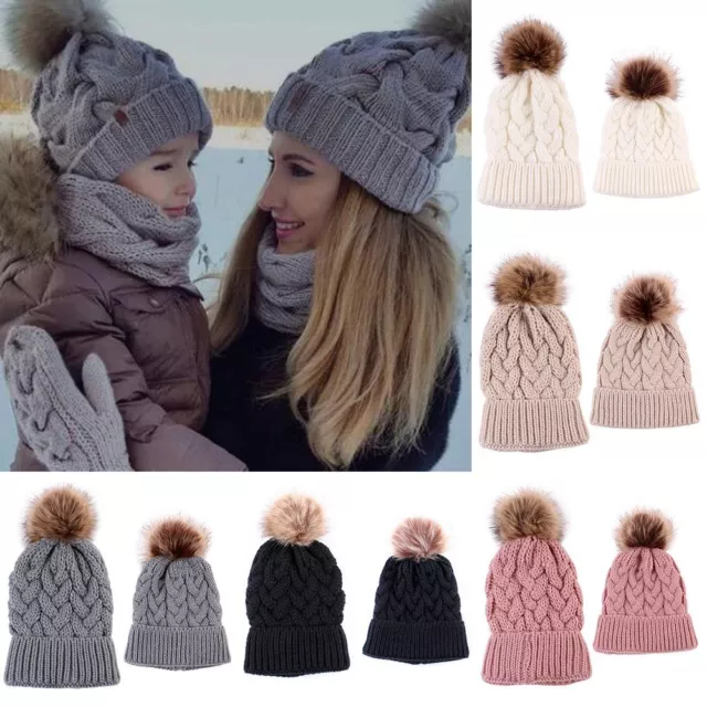 Parent-child Kids Baby Warm Winter Ski Cap Knit Beanies Bobble Hat Fur Pom