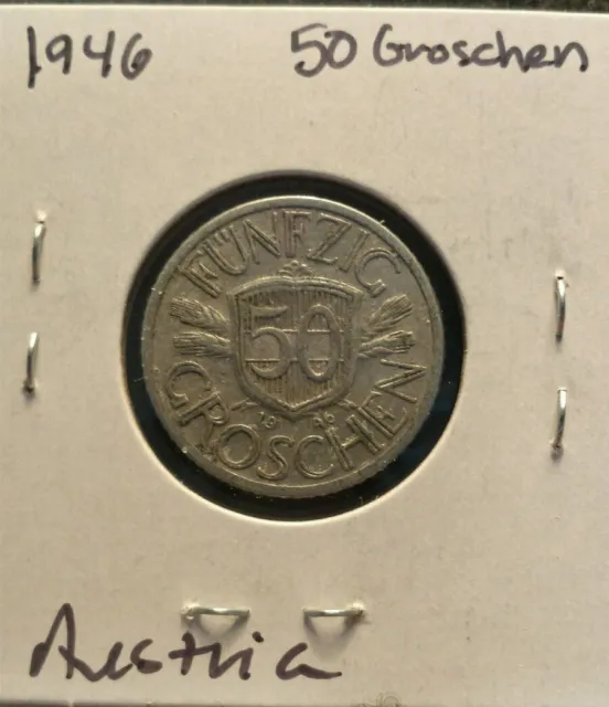 FREE SHIPPING Austrian 50 Groschen Coin, 1946 Österreich Fifty Fünfzig Austria