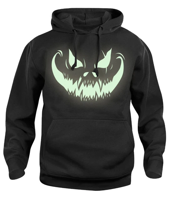 Felpa con cappuccio Halloween da uomo GLOW IN THE DARK viso a zucca spaventosa NUOVA S-XXL
