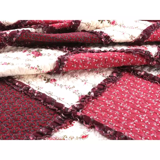 Beautiful Country Chic Shabby Pink Red Burgundy Purple Maroon Ruffle Quilt Set