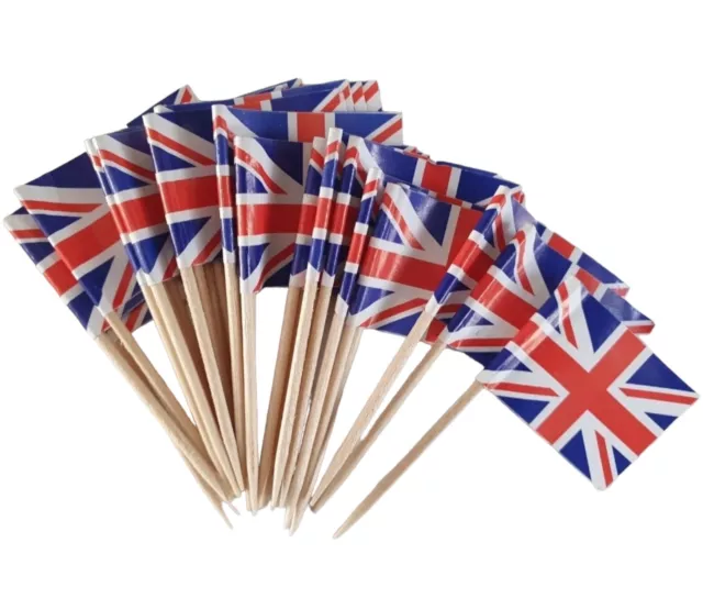 50 x Union Jack Cocktail Sticks Flag Cupcake Sandwich Toppers / Picks Party Fun