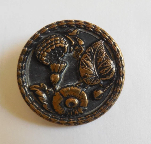Antique Metal Picture Button - Basket Leaf Flowers - 1  3/8"