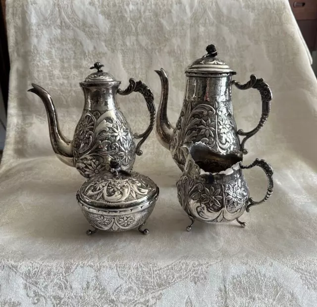 Vintage Ornate Silver Plated Coffee Tea Service - 4 Piece Set Repousse Silver