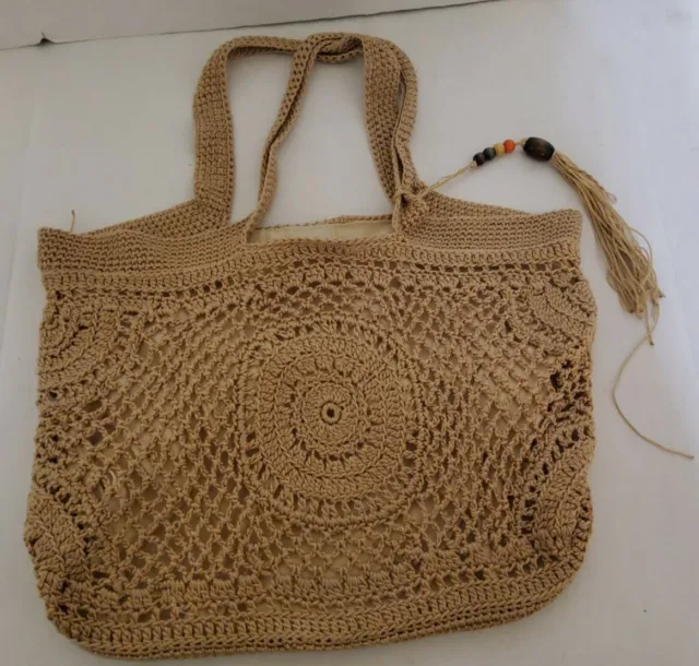 Straw Studios Woven Boho Handbag Beach Bag Tote Open Weave Lining Snap Closure