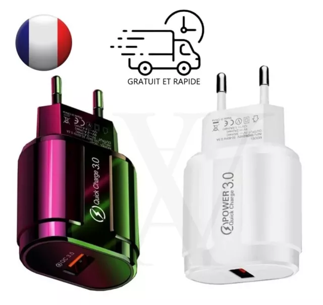 Chargeur Secteur USB Rapide 18W QC 3.0 Adaptateur pour iPhone Samsung Xiaomi