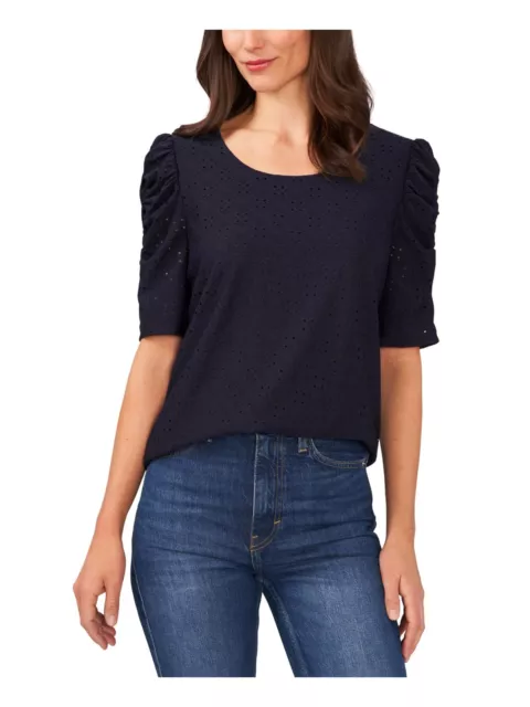 CECE Womens Navy Eyelet Ruched Lined Elbow Sleeve Round Neck Top XS