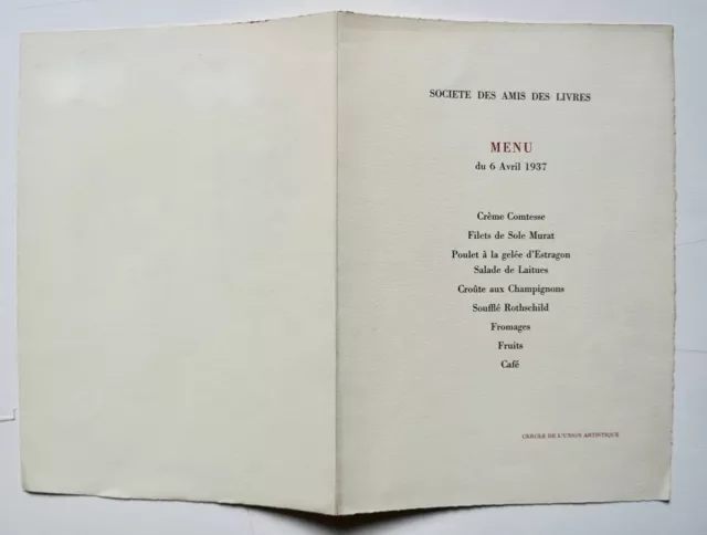 Menu Societe Des Amis Des Livres, 6 Avril 1937