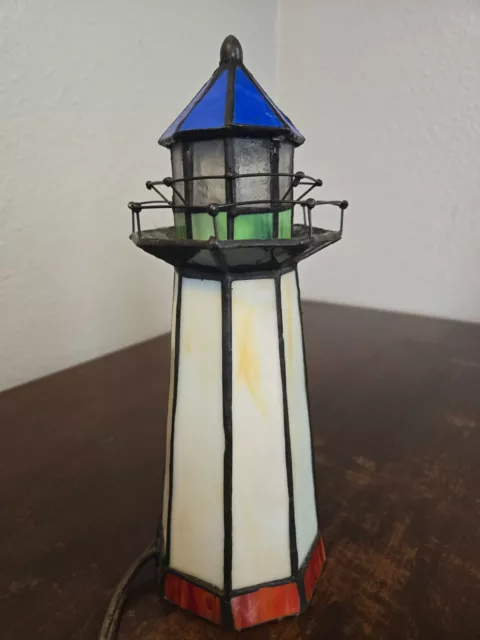 Tiffany Style Stained Glass Lighthouse Night Light Lamp 10" Tested/Works