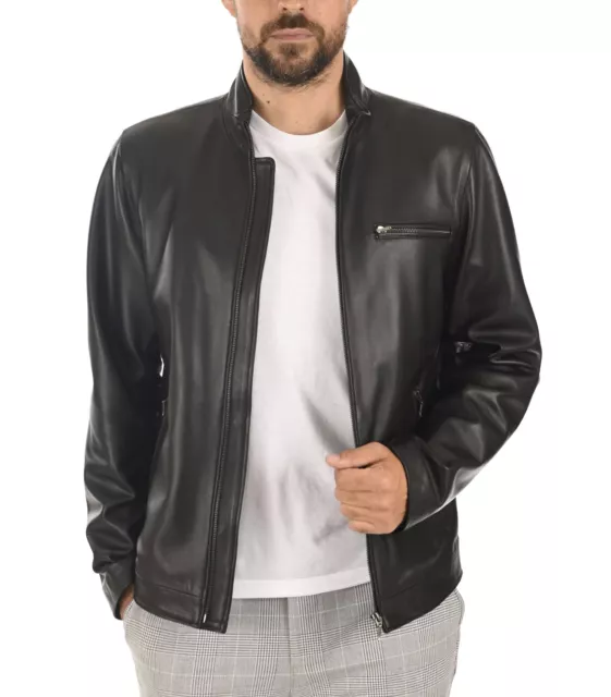 New Leather Jacket Mens Biker Motorcycle Real Leather Coat Slim Fit #595