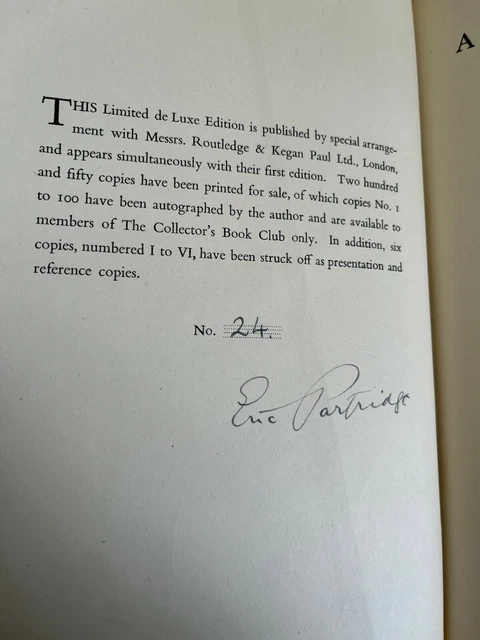 DICTIONARY of the UNDERWORLD ~ ERIC PARTRIDGE Ltd Edition SIGNED ~ 1950
