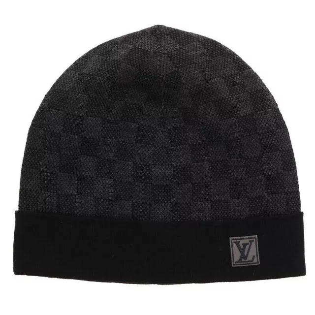 LOUIS VUITTON Wool Bonnet Petit Damier Beanie Hat Grey 710576