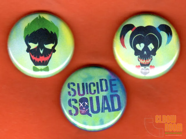 Set of three 1" Suicide Squad pins buttons Joker Harley Quinn movie