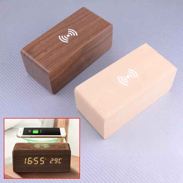 Modern Wooden Digital LED Desk Alarm Clock Thermometer Wireless Charger