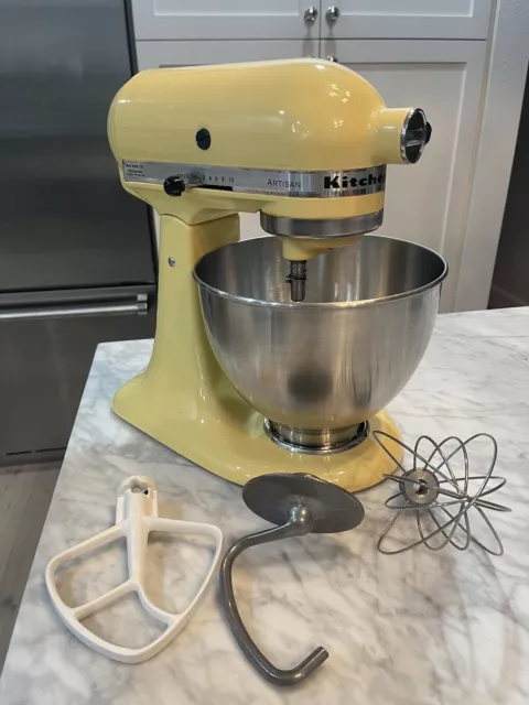 Restored Vintage Yellow 1980 Hobart Kitchenaid K45SS Solid State Tilt Head Stand  Mixer, USA Bowl Original Beaters Pour Shield Golden Harvest 