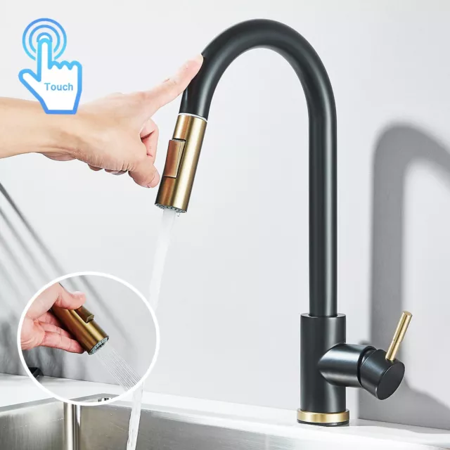 Black+Gold Smart Touch Sensor Kitchen Mixer taps，Pull out Spout 360° Swivel Tap
