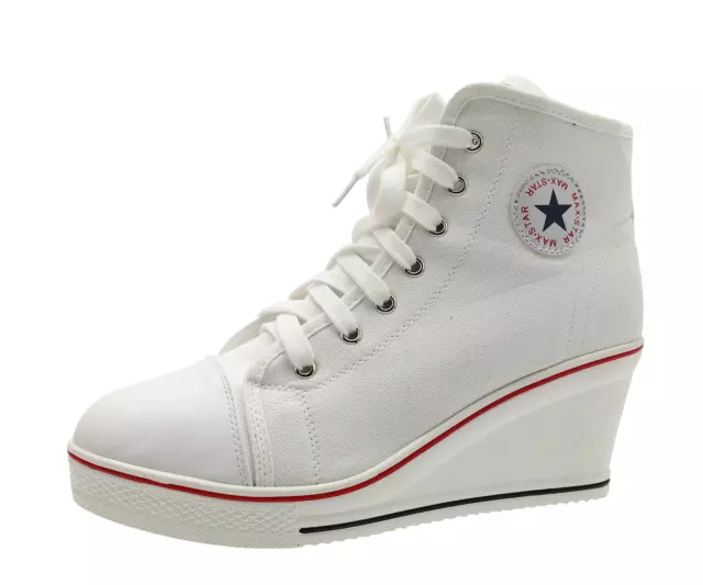 Max Star N7208* Womens White Canvas Yufu Wedge Heel Ankle Sneakers Size EU 43