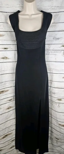 Tadashi Black Maxi Gown Dress 14 Sleeveless Sheath Slit Gold Threads