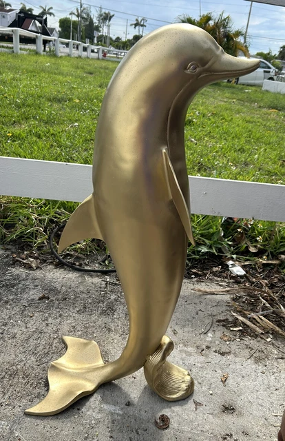 Dolphin Porpoise Brass Gold Statue Tall 32” Indoor Outdoor Garden Patio VTG
