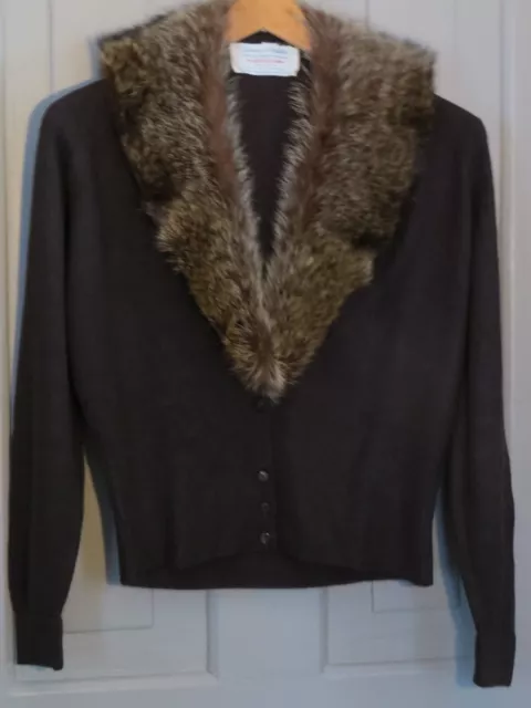 VTG. WOMEN'S MARVEL Yarn Genuine Fur Collar Cardigan Sweater D. Brown ...