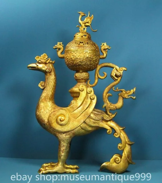17.2& OLD CHINESE Bronze 24K Gold Gilt Dynasty Phoenix Bird incense ...