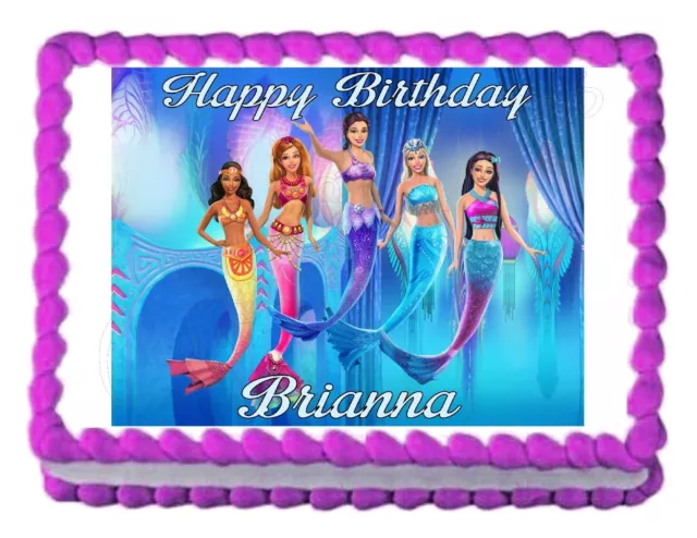 EDIBLE Barbie Mermaids Birthday Wafer Personalized Cake Topper 7.5 (uncut)