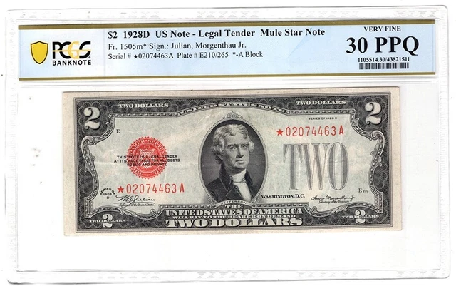1928 D $2 U.S. Note Legal Tender Star ⭐ Mule. Fr.1505m* PCGS VF-30PPQ Y00010186