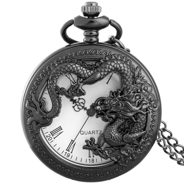 Men's Dragon Design Quartz Pocket Watch Roman Number Dial  Steampunk with Chain