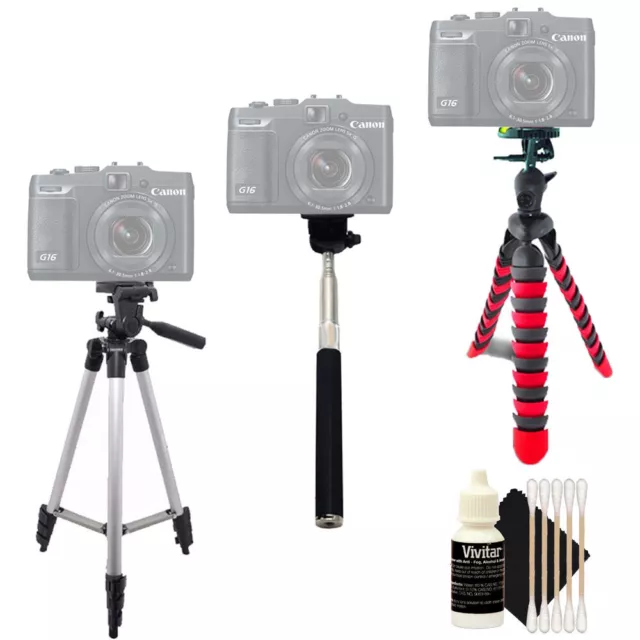 Trípode alto y flexible + monópode + kit de limpieza para Canon PowerShot G7X II G16