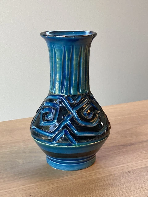 Mid Century Florentine Bitossi Italian Art Pottery Rimini Blue & Green 7" Vase 