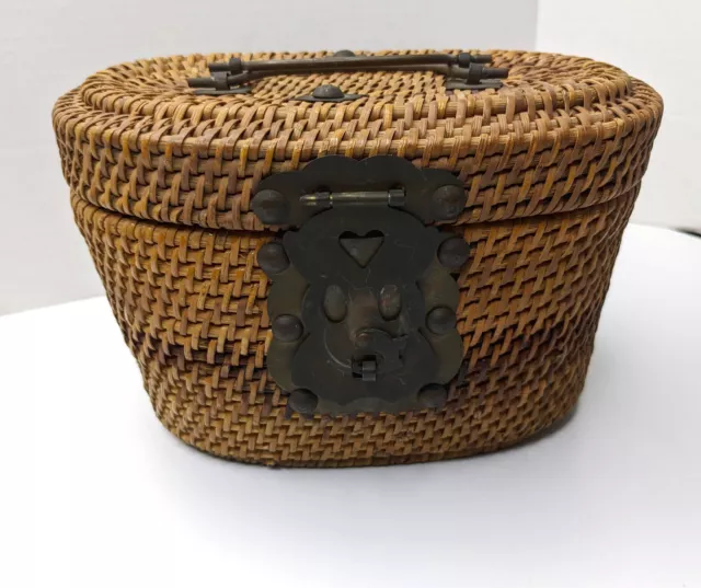 ANTIQUE CHINESE TEA Basket Tote Woven Wicker Double Handle Brass ...